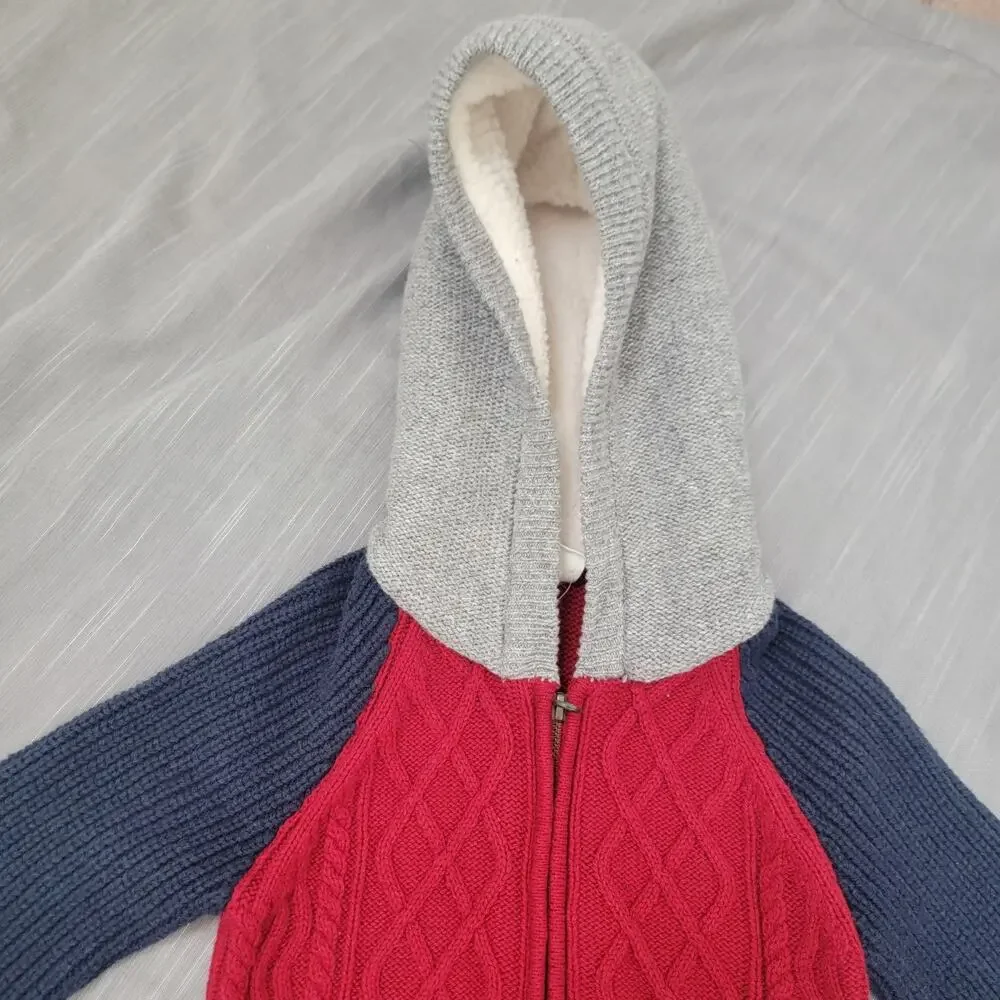 Baby Gap Full Zip Cable Knit Hoodie Sz 2T Red Blue‎ Gray Wool Blend Sweater New